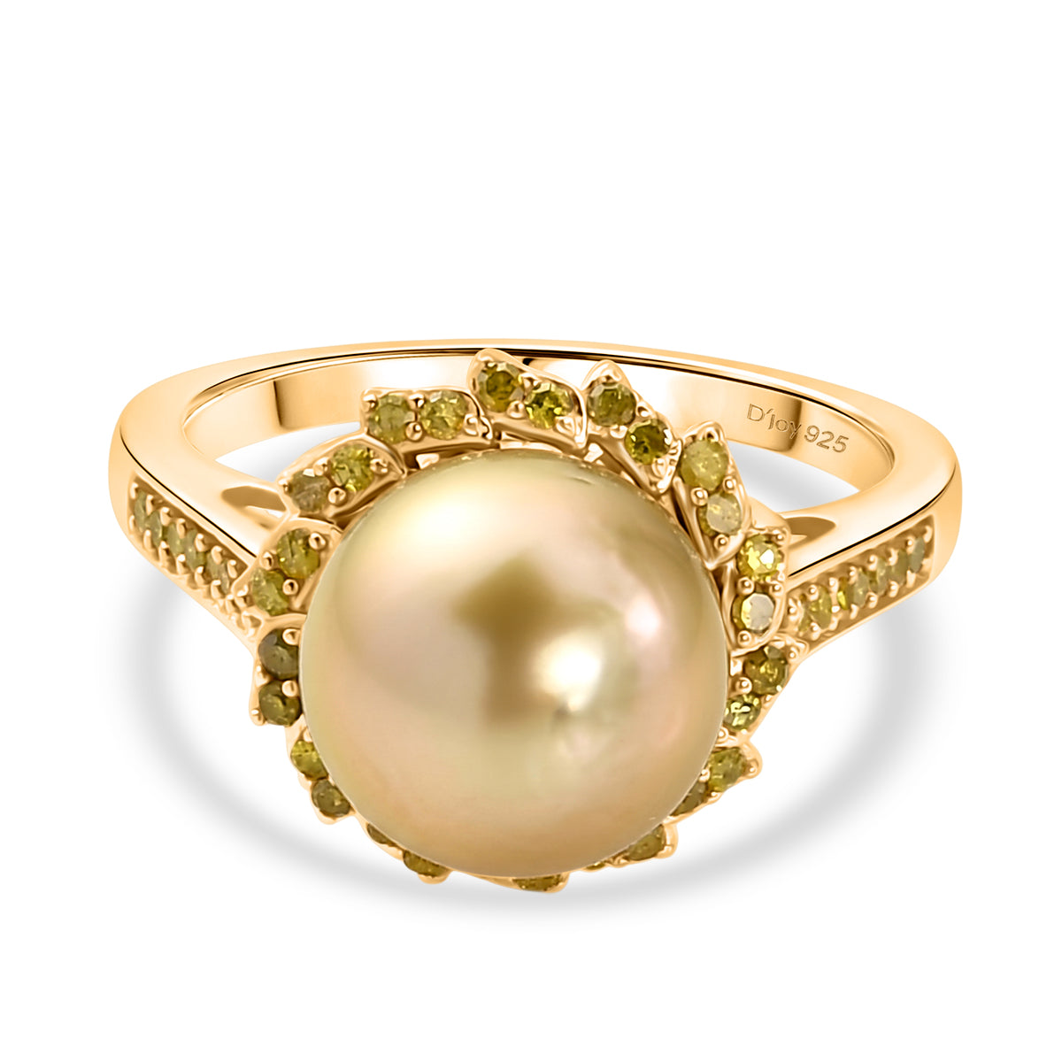 AAA Golden South Sea Pearl &amp; Natural Yellow Diamond Halo Ring in 18K Vermeil Yellow Gold Plated Sterling Silver V32536336 0