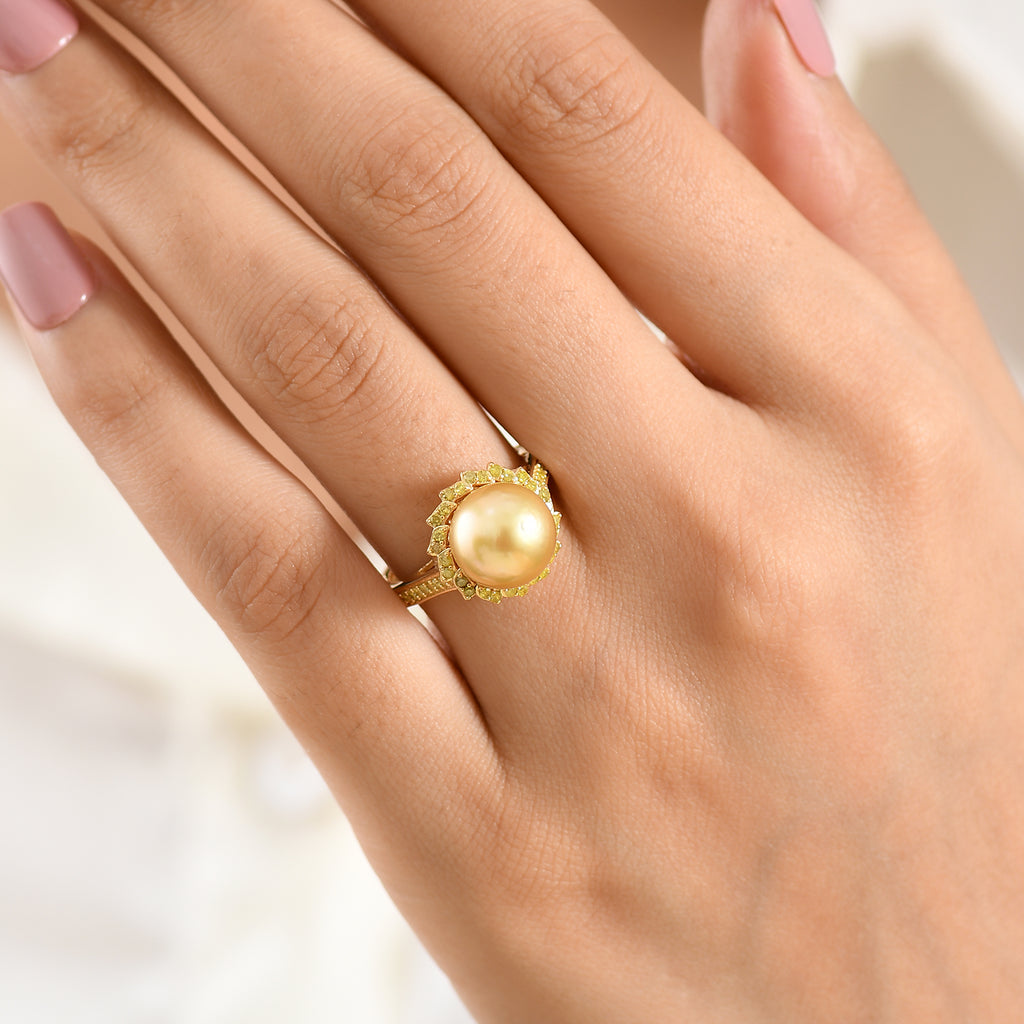 Royal Bali Collection - AAA Golden South Sea Pearl & Natural Yellow Diamond Halo Ring in 18K Vermeil Yellow Gold Plated Sterling Silver_8577610_1
