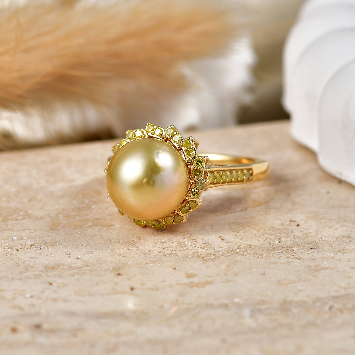 AAA Golden South Sea Pearl &amp; Natural Yellow Diamond Halo Ring in 18K Vermeil Yellow Gold Plated Sterling Silver V32536336 3