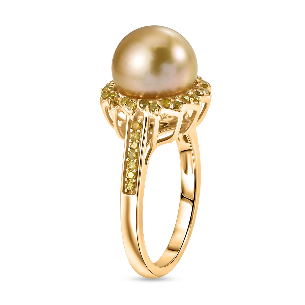 AAA Golden South Sea Pearl &amp; Natural Yellow Diamond Halo Ring in 18K Vermeil Yellow Gold Plated Sterling Silver V32536336 4