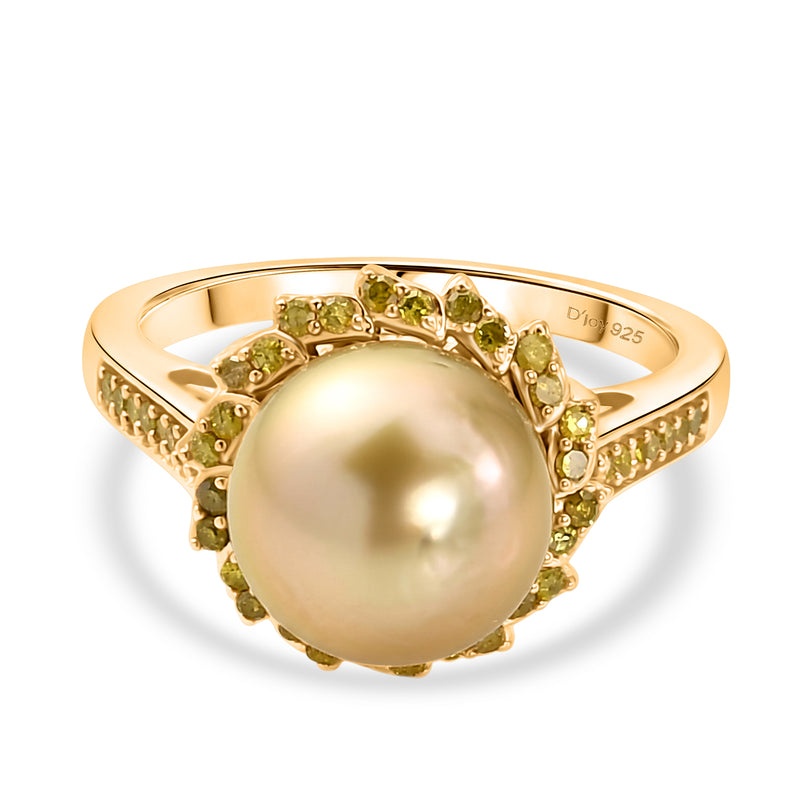 Royal Bali Collection - AAA Golden South Sea Pearl & Natural Yellow Diamond Halo Ring in 18K Vermeil Yellow Gold Plated Sterling Silver_8577639
