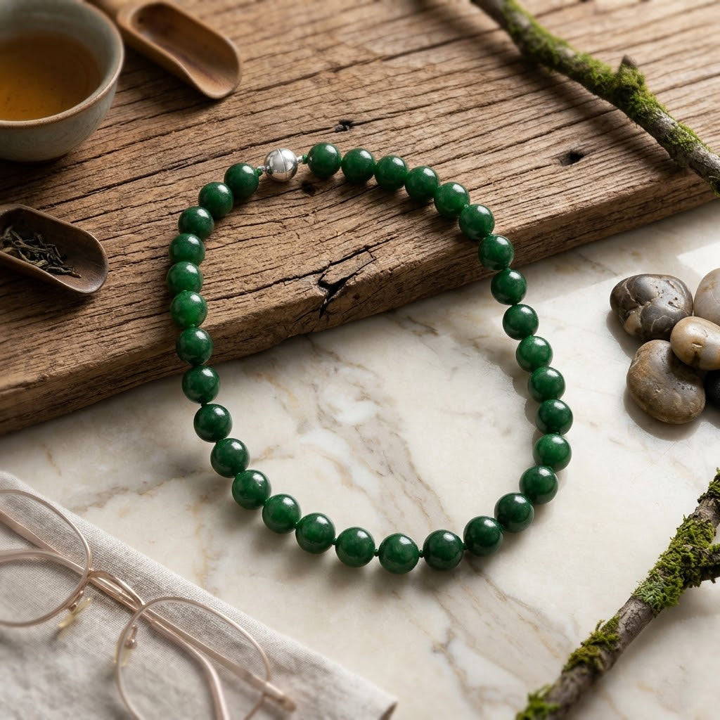 Green Jade (16MM) Necklace (Size - 20) with Magnetic Clasp in Rhodium Overlay Sterling Silver 1000.00 Ct._8577654_2