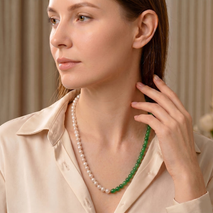Close Out Deal-  Green Jade &amp; White Fresh Water Pearl Beads Necklace (Size - 20) with Magnetic Lock in Yellow Gold Plated Sterling Silver 205.00 Ct. 8577705 2