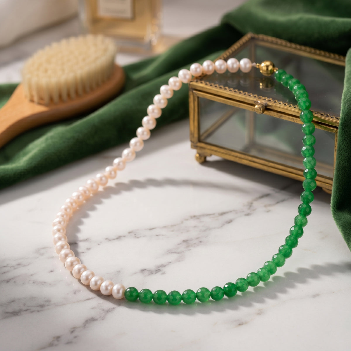 Close Out Deal - Green Jade &amp; White Fresh Water Pearl Beads Necklace (Size - 20) with Magnetic Lock in Yellow Gold Plated Sterling Silver 205.00 Ct. V32571653 3