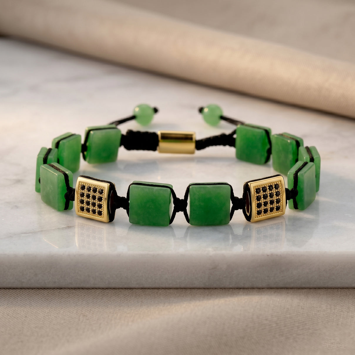 Enhanced Green Jade &amp; Black Cubic Zirconia Adjustable Beads Bracelet (Size - 6.5 to 9.5) 75.20 Ct. 8577707 3