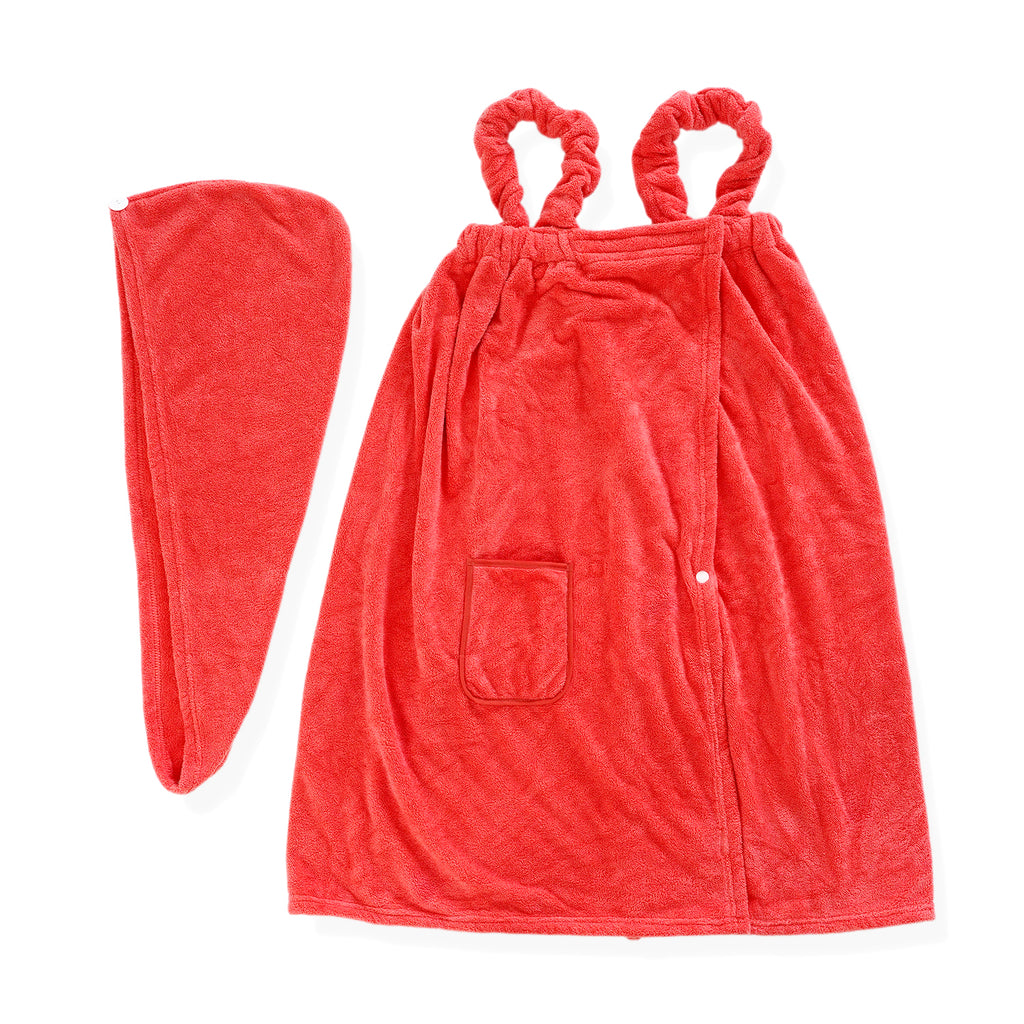 LIVMORE 2-Piece Wearable Bath Towel with Pocket & Matching Hair Towel Wrap (140 x 82cm) - Coral_8578736