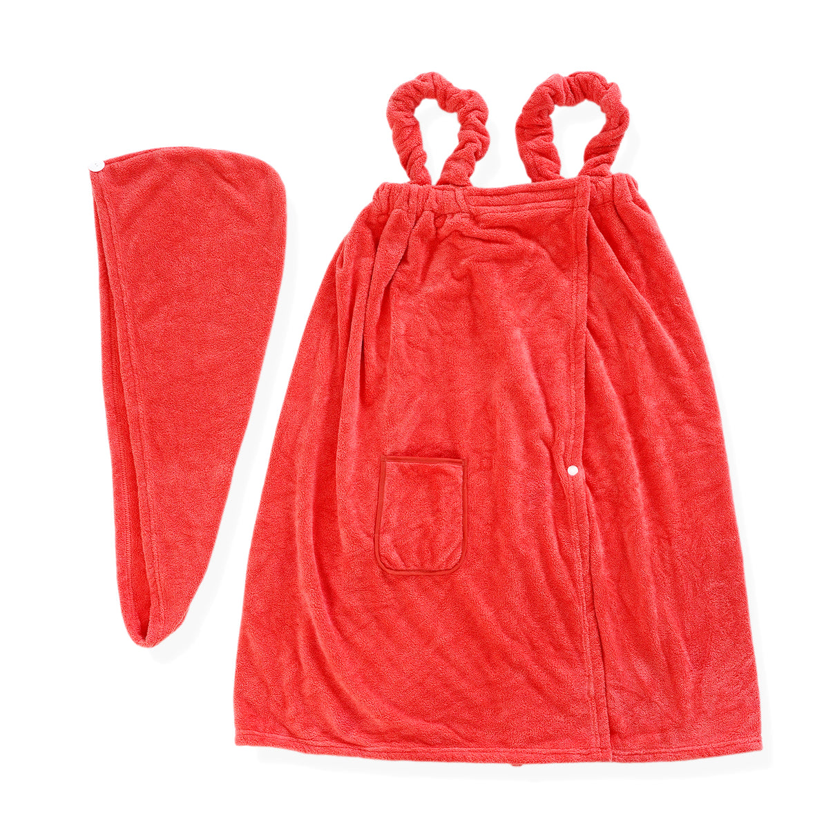 LIVMORE 2-Piece Wearable Bath Towel with Pocket &amp; Matching Hair Towel Wrap (140x82cm, 65x26cm) - Coral 8578736 0