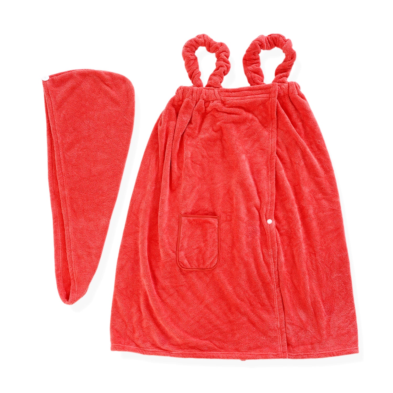 LIVMORE 2-Piece Wearable Bath Towel with Pocket &amp; Matching Hair Towel Wrap (140x82cm, 65x26cm) - Coral 8578736 0