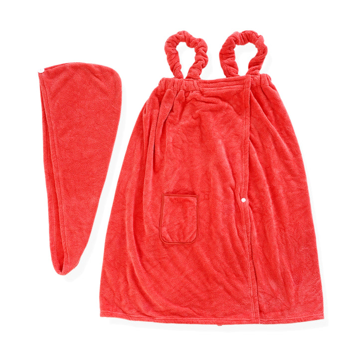LIVMORE 2-Piece Wearable Bath Towel with Pocket &amp; Matching Hair Towel Wrap (140x82cm, 65x26cm) - Coral 8578736 1
