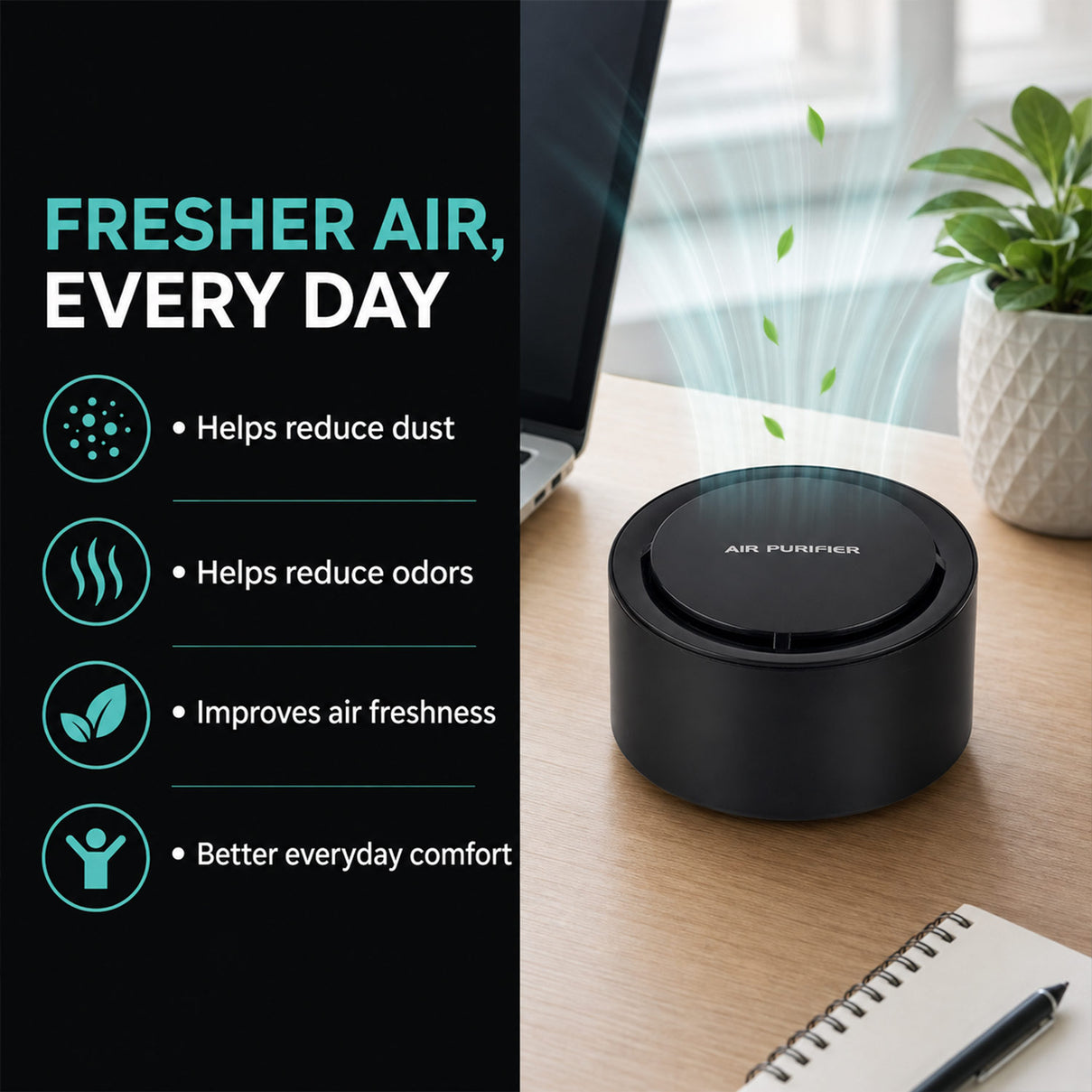 Livmore Mini Portable ABS Air Purifier, Ideal for home, office, car or travel use,  Helps reduce dust, odours, and air impurities  - Black V32519259 3