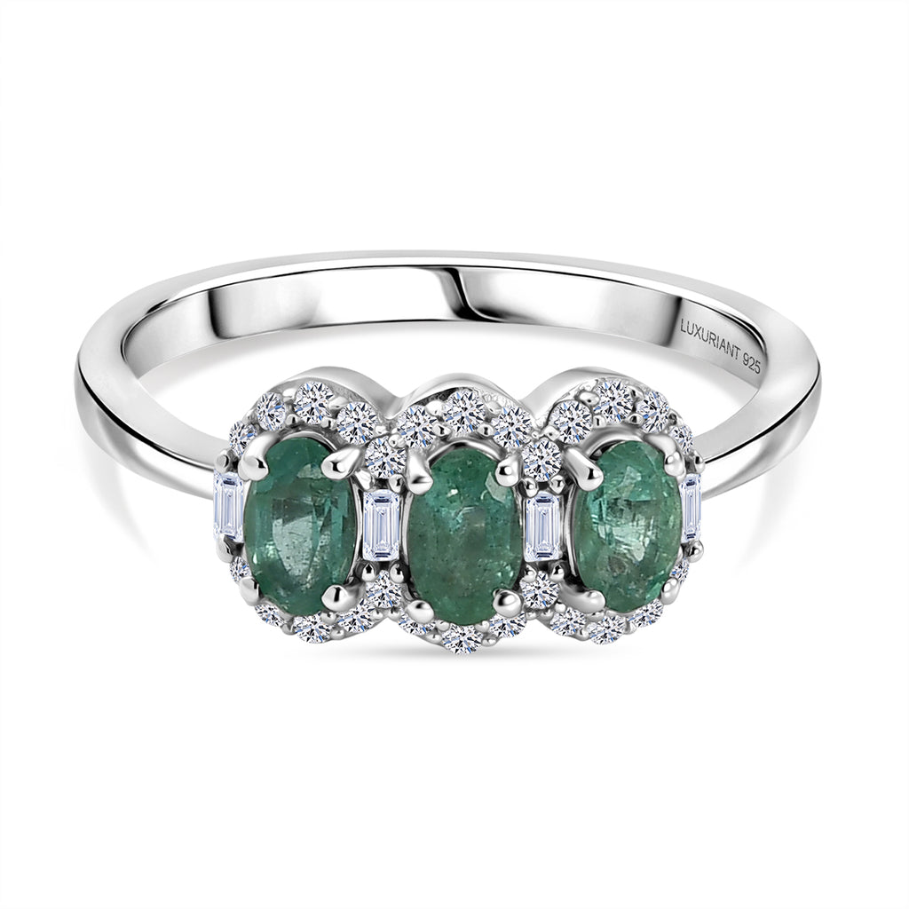 Luxuriant - AAA Gemfields Zambian Emerald & Lab Grown Diamond (SI/G-H) Trilogy Halo Ring in Rhodium Overlay Sterling Silver 0.84 Ct._8579236