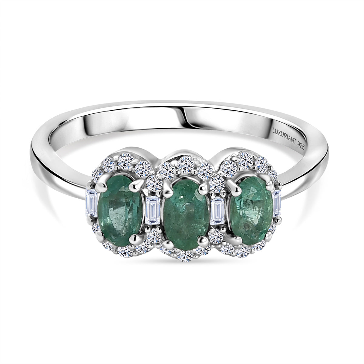 Luxuriant - AAA Gemfields Zambian Emerald &amp; Lab Grown Diamond (SI/G-H) Trilogy Halo Ring in Rhodium Overlay Sterling Silver 0.84 Ct. V32535320 0