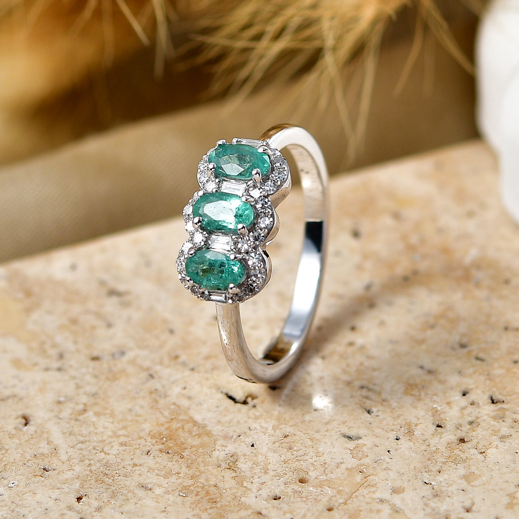 Luxuriant - AAA Gemfields Zambian Emerald & Lab Grown Diamond (SI/G-H) Trilogy Halo Ring in Rhodium Overlay Sterling Silver 0.84 Ct._8579236_2