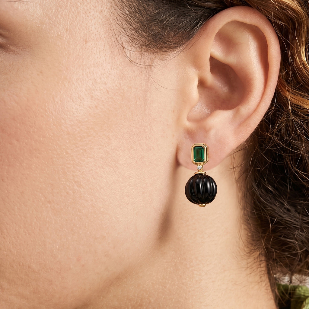 Natural Shungite, Green Cubic Zirconia & Green Crystal Beads Earring with Push Back 20.52 Ct._8579244_1