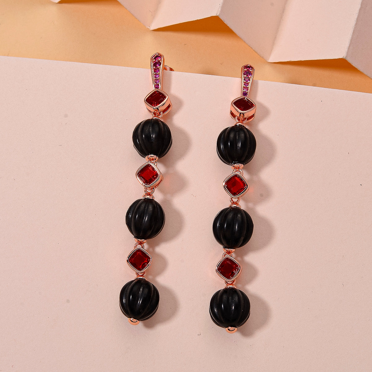 Natural Shungite &amp; Red Cubic Zirconia Beads Drop Earring with Push Back 34.00 Ct. 8579245 2