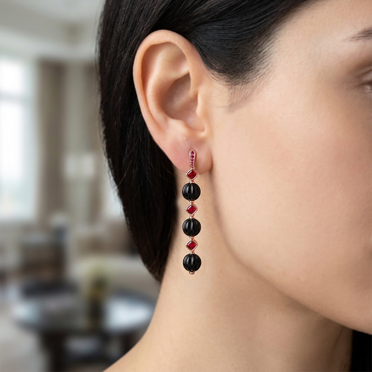 Natural Shungite &amp; Red Cubic Zirconia Beads Drop Earring with Push Back 34.00 Ct. 8579245 3