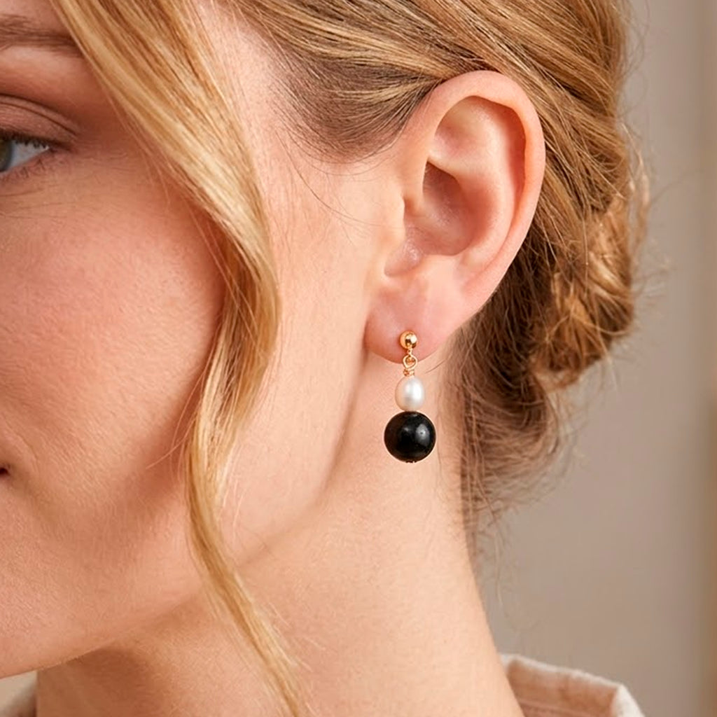 Natural Shungite & Fresh Water Pearl Beads Drop Earring with Push Back 20.00 Ct._8579247_1