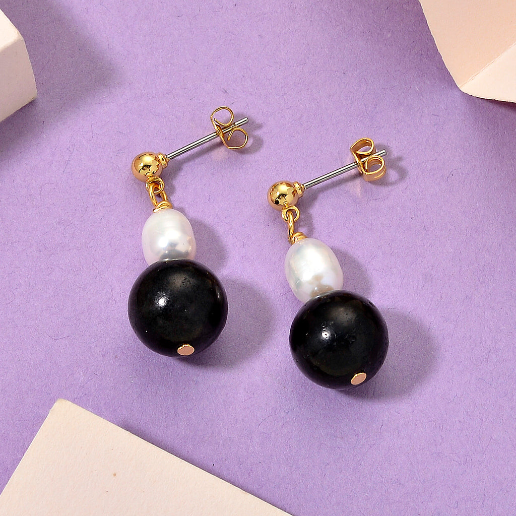 Natural Shungite & Fresh Water Pearl Beads Drop Earring with Push Back 20.00 Ct._8579247_2