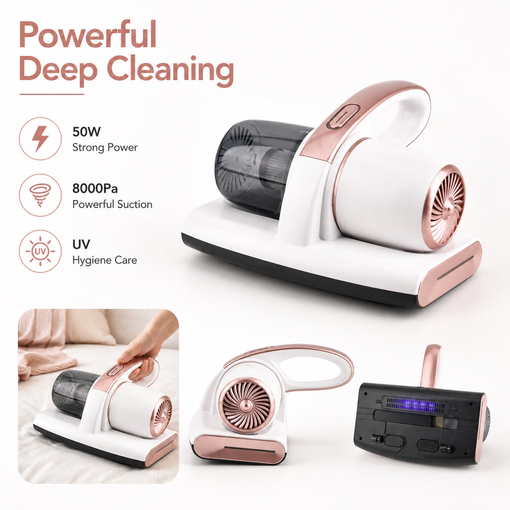 Wireless Handheld Uv Dust Mite Vacuum Cleaner - 8000Pa Strong Suction, 50W High-Power Motor, Rechargeable 1500Mah Battery With USB Charging - White_8579249_2