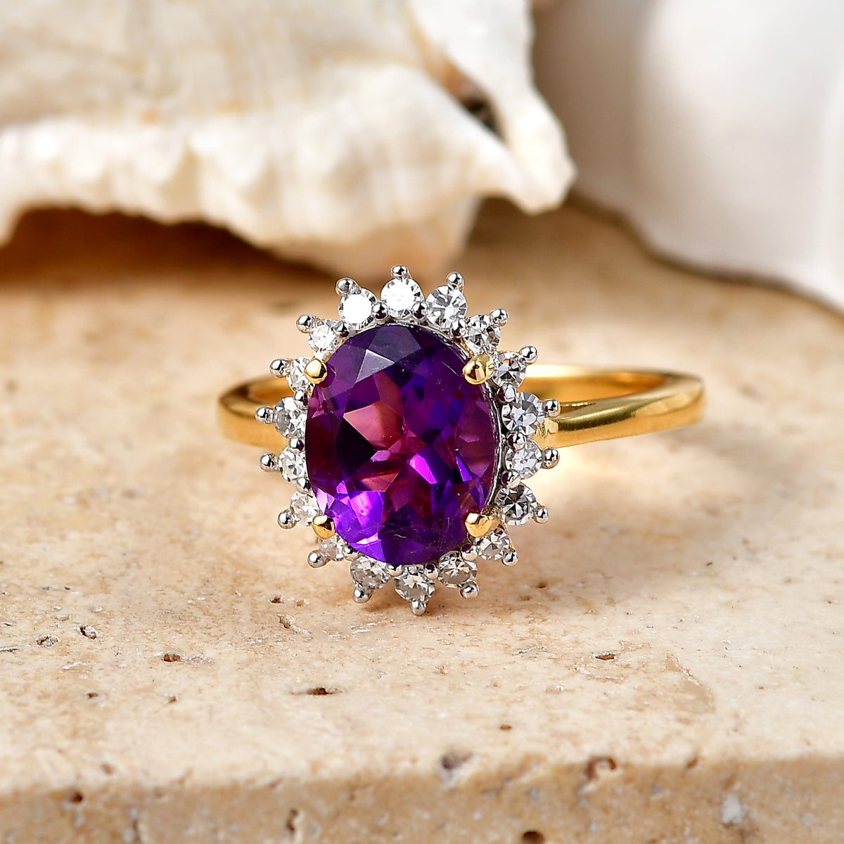 Luxuriant - AAA Zambian Amethyst &amp; Lab Grown Diamond (SI/G-H) Halo Ring in 18K Vermeil Yellow Gold Plated Sterling Silver 2.60 Ct. 8579261 3