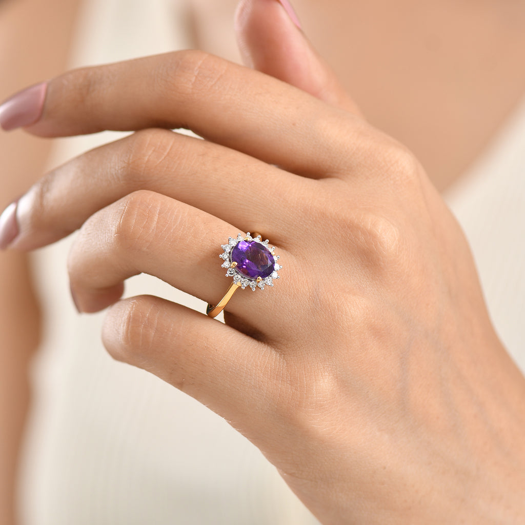 Luxuriant - AAA Zambian Amethyst & Lab Grown Diamond (SI/G-H) Halo Ring in 18K Vermeil Yellow Gold Plated Sterling Silver 2.60 Ct._8579262_1