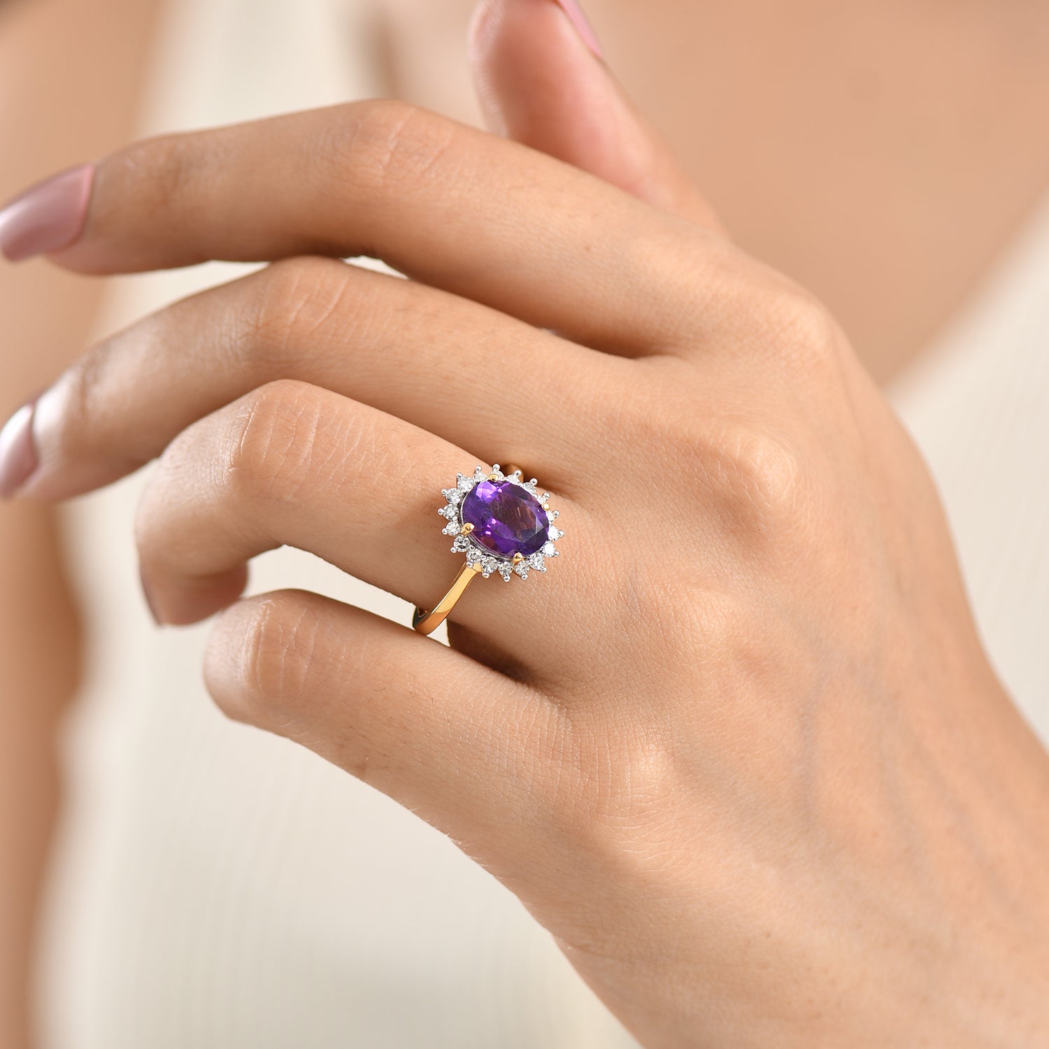 Luxuriant - AAA Zambian Amethyst &amp; Lab Grown Diamond (SI/G-H) Halo Ring in 18K Vermeil Yellow Gold Plated Sterling Silver 2.60 Ct. V32535482 2