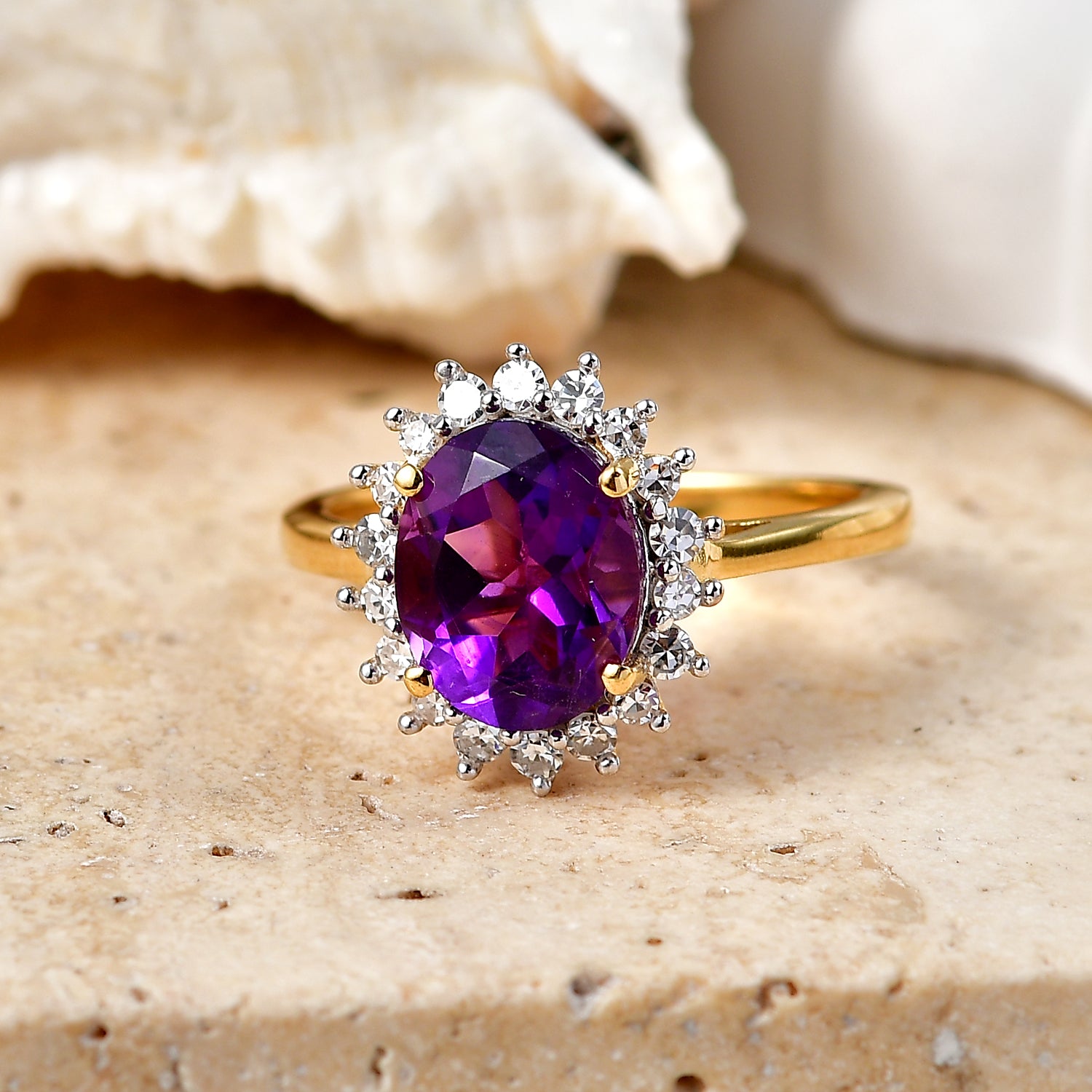 Luxuriant - AAA Zambian Amethyst &amp; Lab Grown Diamond (SI/G-H) Halo Ring in 18K Vermeil Yellow Gold Plated Sterling Silver 2.60 Ct. V32535482 3