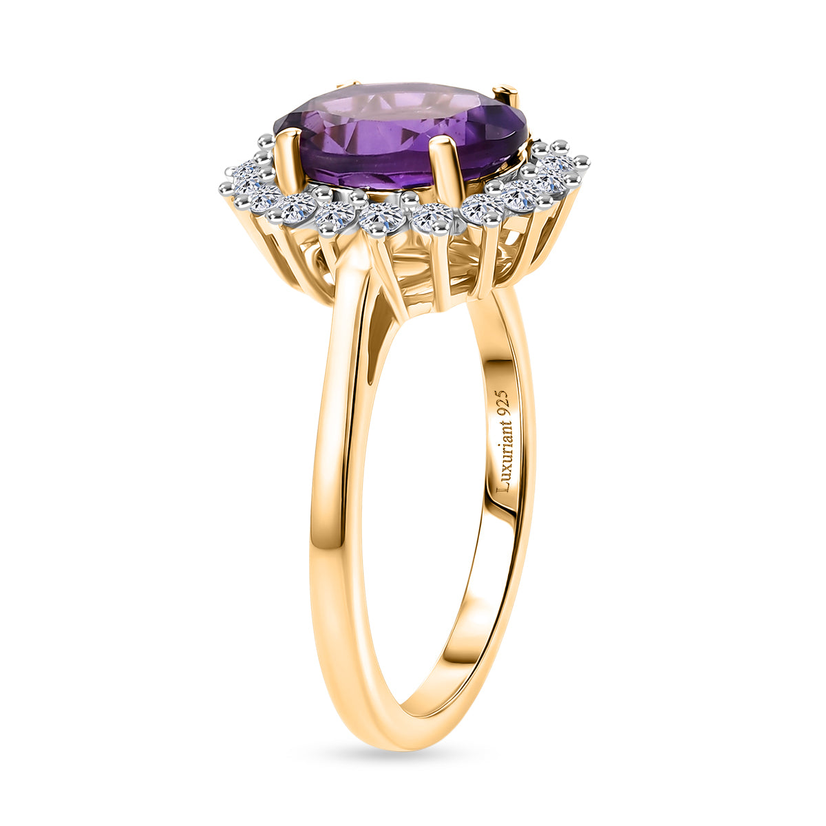 Luxuriant - AAA Zambian Amethyst &amp; Lab Grown Diamond (SI/G-H) Halo Ring in 18K Vermeil Yellow Gold Plated Sterling Silver 2.60 Ct. V32535482 4