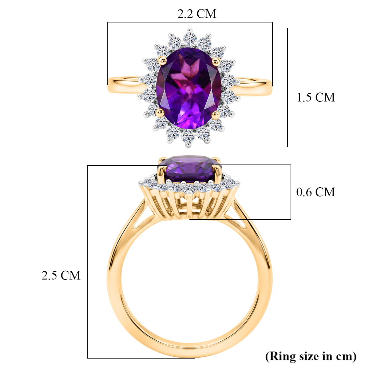 Luxuriant - AAA Zambian Amethyst &amp; Lab Grown Diamond (SI/G-H) Halo Ring in 18K Vermeil Yellow Gold Plated Sterling Silver 2.60 Ct. V32535482 6