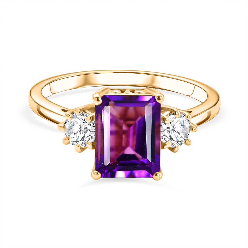D'Joy - AAA Zambian Amethyst & Moissanite Trilogy Ring in Yellow Gold Plated Sterling Silver 2.72 Ct._8579270