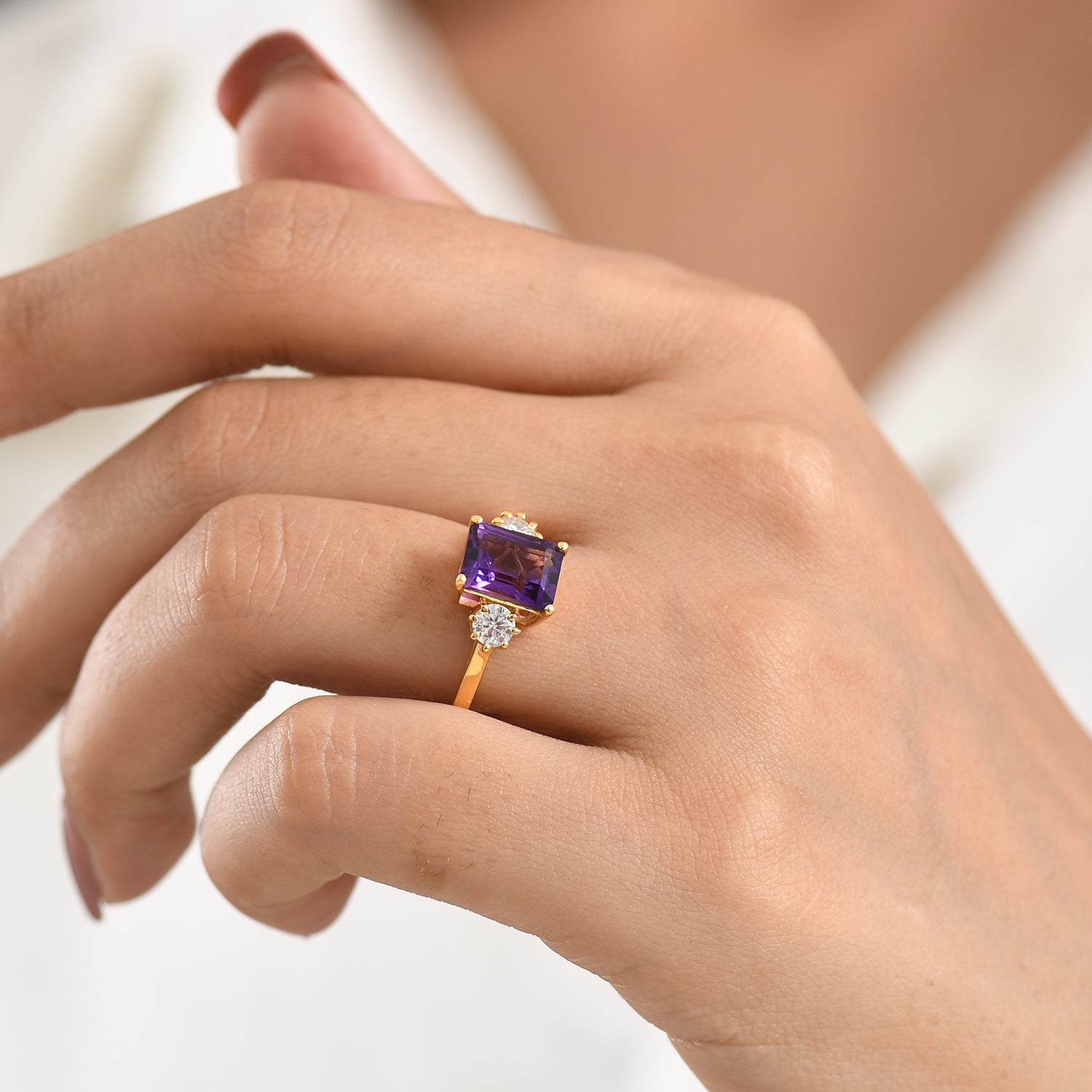 D'Joy - AAA Zambian Amethyst &amp; Moissanite Trilogy Ring in Yellow Gold Plated Sterling Silver 2.72 Ct. V32513495 2