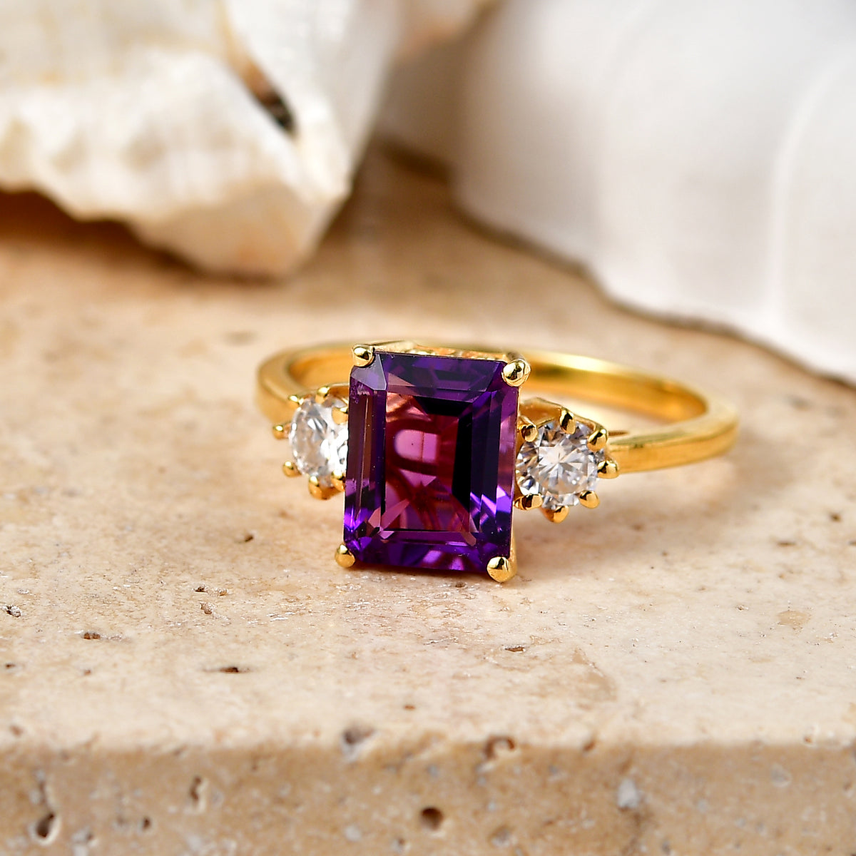 D'Joy - AAA Zambian Amethyst &amp; Moissanite Trilogy Ring in Yellow Gold Plated Sterling Silver 2.72 Ct. V32513495 3