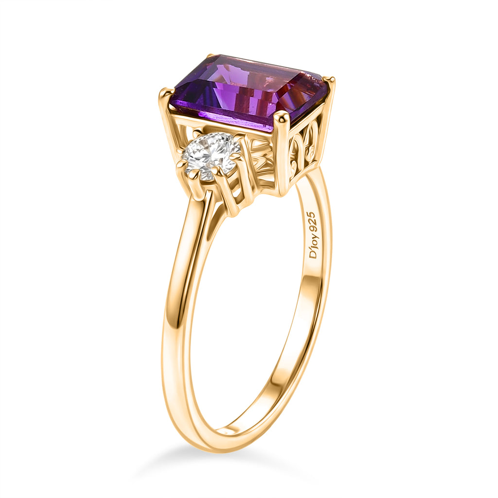 D'Joy - AAA Zambian Amethyst & Moissanite Trilogy Ring in Yellow Gold Plated Sterling Silver 2.72 Ct._8579274_3