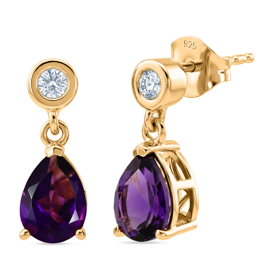 D'Joy - AAA Zambian Amethyst & Moissanite Dangling Earring with Push Post in Yellow Gold Plated Sterling Silver 2.22 Ct_8579282