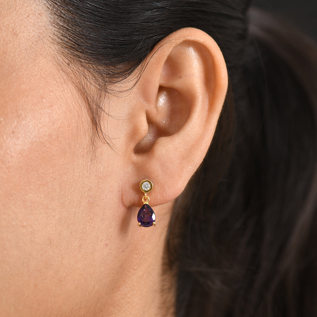 D'Joy - AAA Zambian Amethyst & Moissanite Dangling Earring with Push Post in Yellow Gold Plated Sterling Silver 2.22 Ct_8579282_1