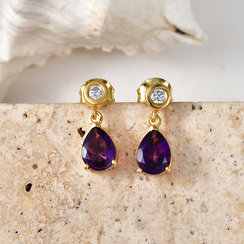 D'Joy - AAA Zambian Amethyst & Moissanite Dangling Earring with Push Post in Yellow Gold Plated Sterling Silver 2.22 Ct_8579282_2