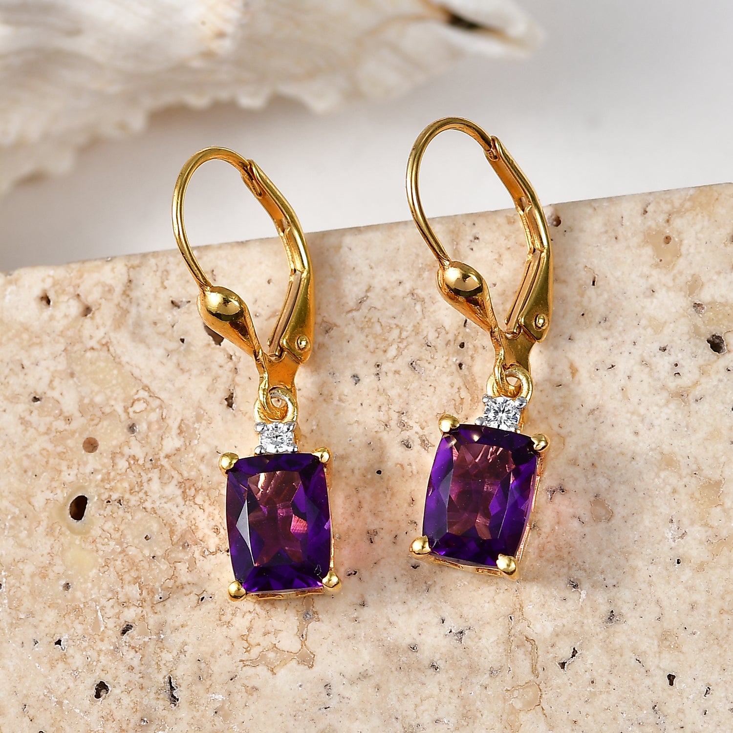 D'Joy - AAA Zambian Amethyst &amp; White Zircon Dangle Earring with Lever Back in Yellow Gold Plated Sterling Silver 2.95 Ct. 8579283 3