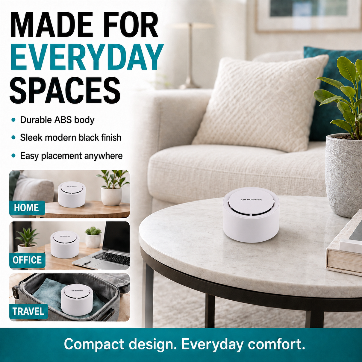 Livmore Mini Portable ABS Air Purifier, Ideal for home, office, car or travel use,  Helps reduce dust, odours, and air impurities  - White V32520374 5