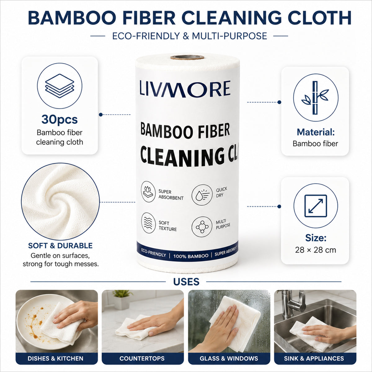 30-Pack Reusable Bamboo Fiber Kitchen Cleaning Cloths (28 x 28 cm) - White V32579320 1
