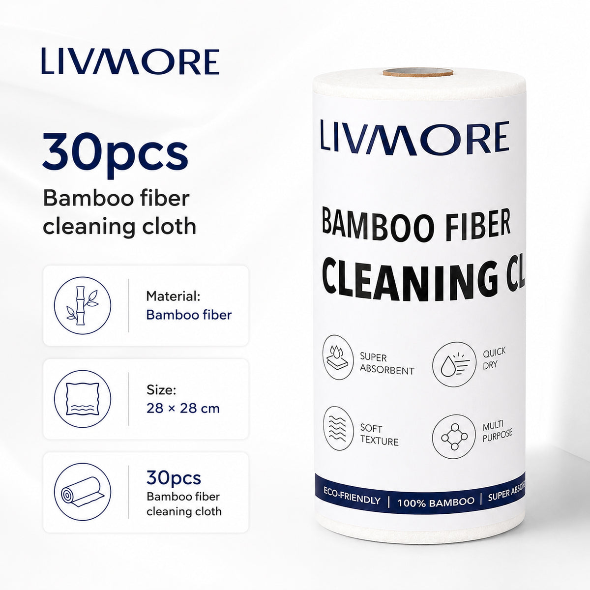 30-Pack Reusable Bamboo Fiber Kitchen Cleaning Cloths (28 x 28 cm) - White V32579320 2