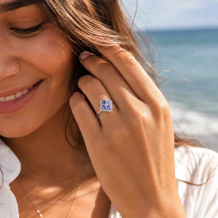 Luxuriant - Tanzanite &amp; Lab Grown Diamond (SI/G-H) Cluster Ring in Rhodium Overlay Sterling Silver 1.37 Ct. 8579309 2