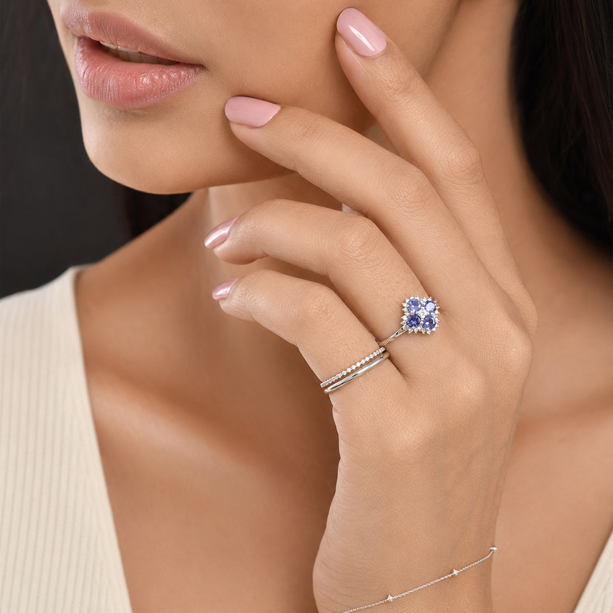 Luxuriant - Tanzanite &amp; Lab Grown Diamond (SI/G-H) Cluster Ring in Rhodium Overlay Sterling Silver 1.37 Ct. 8579309 6