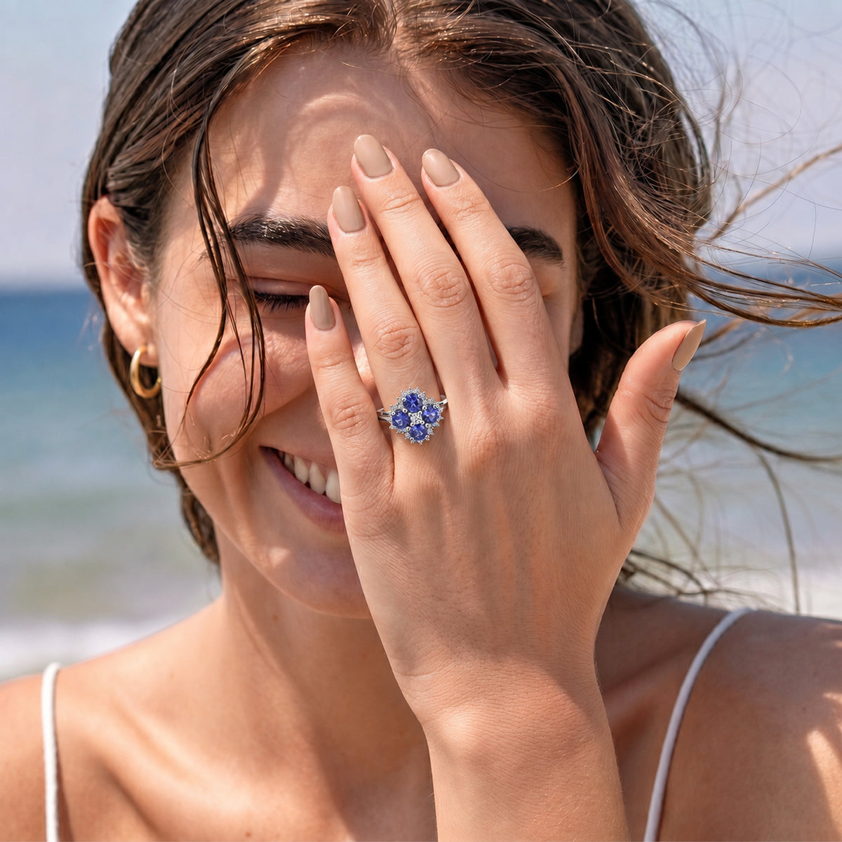 Luxuriant - Tanzanite &amp; Lab Grown Diamond (SI/G-H) Cluster Ring in Rhodium Overlay Sterling Silver 1.37 Ct. 8579309 7