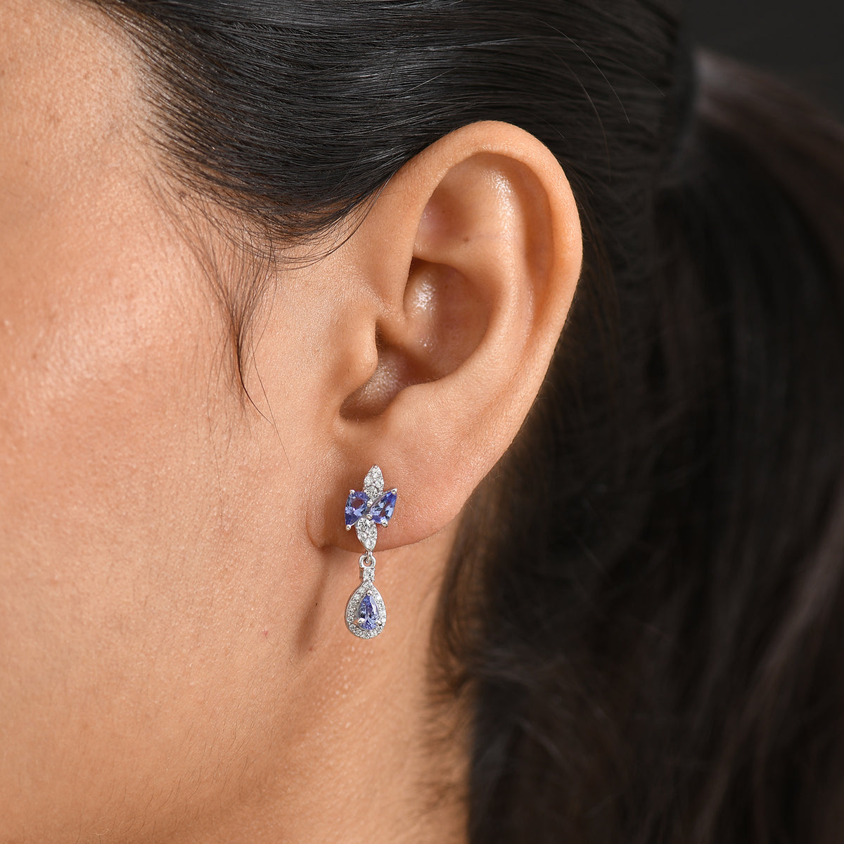 D'Joy - Tanzanite &amp; White Zircon Dangling Earring with Push Post in Rhodium Overlay Sterling Silver 1.80 Ct. 8579329 2