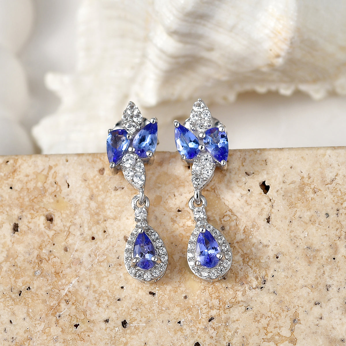 D'Joy - Tanzanite &amp; White Zircon Dangling Earring with Push Post in Rhodium Overlay Sterling Silver 1.80 Ct. 8579329 3