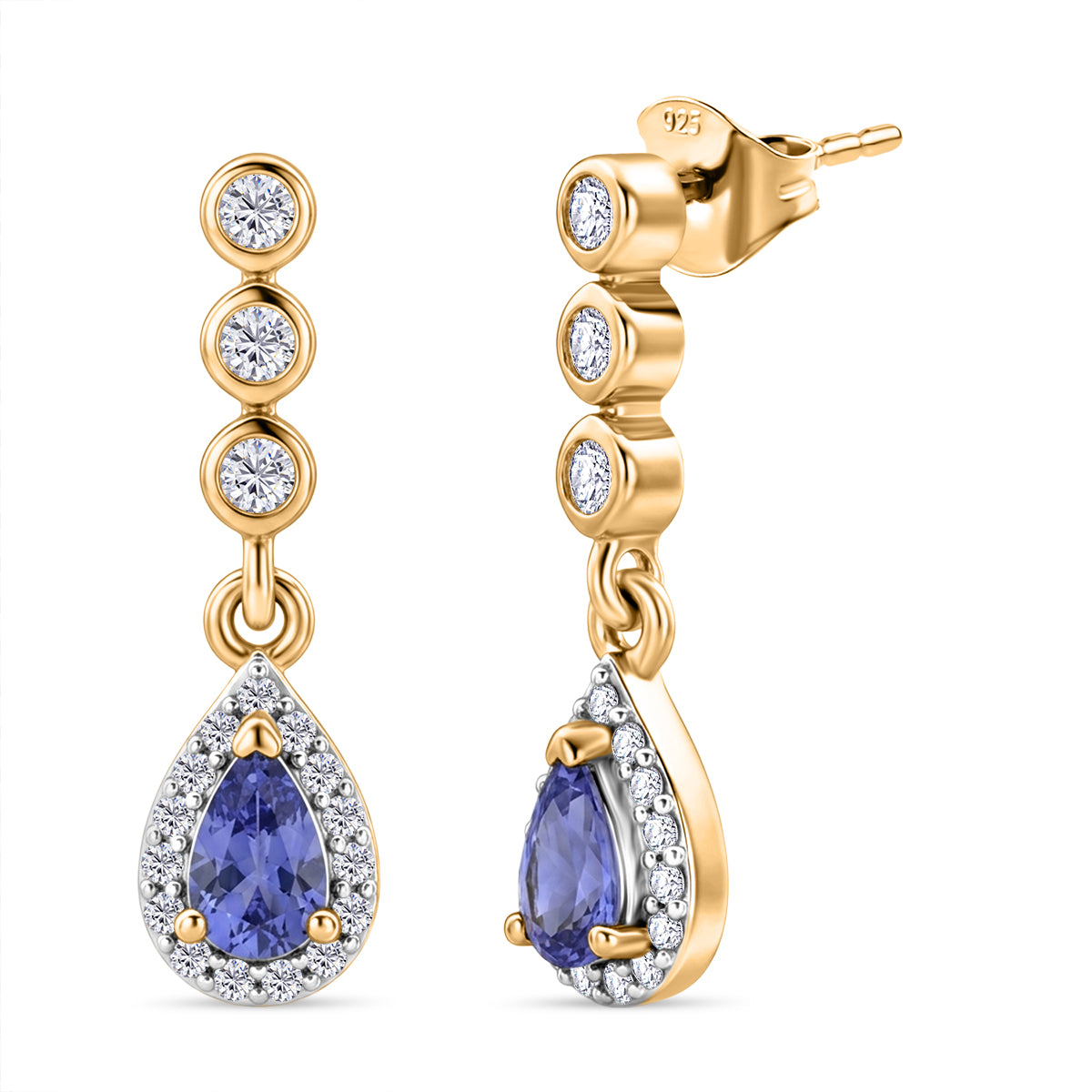 D'Joy - Tanzanite &amp; White Zircon Dangling Earring with Push Post in Yellow Gold Plated Sterling Silver 1.00 Ct. V32515488 0
