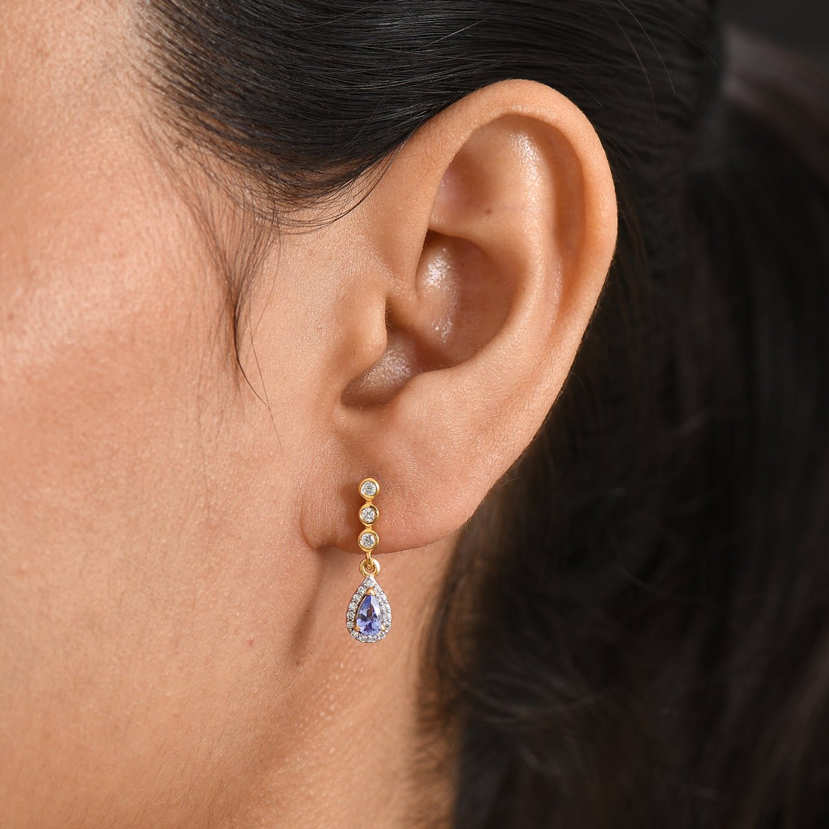 D'Joy - Tanzanite &amp; White Zircon Dangling Earring with Push Post in Yellow Gold Plated Sterling Silver 1.00 Ct. V32515488 2