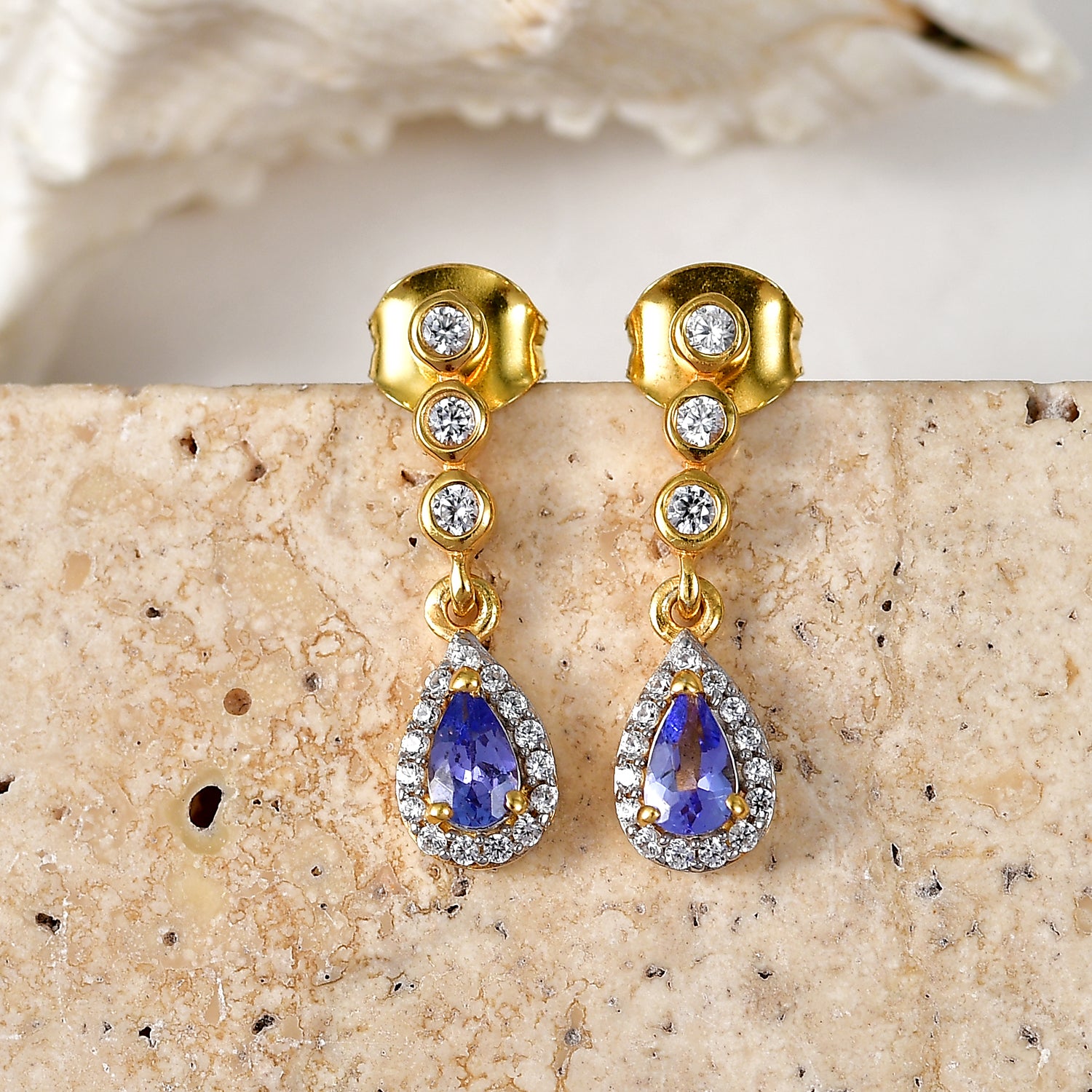D'Joy - Tanzanite &amp; White Zircon Dangling Earring with Push Post in Yellow Gold Plated Sterling Silver 1.00 Ct. V32515488 3