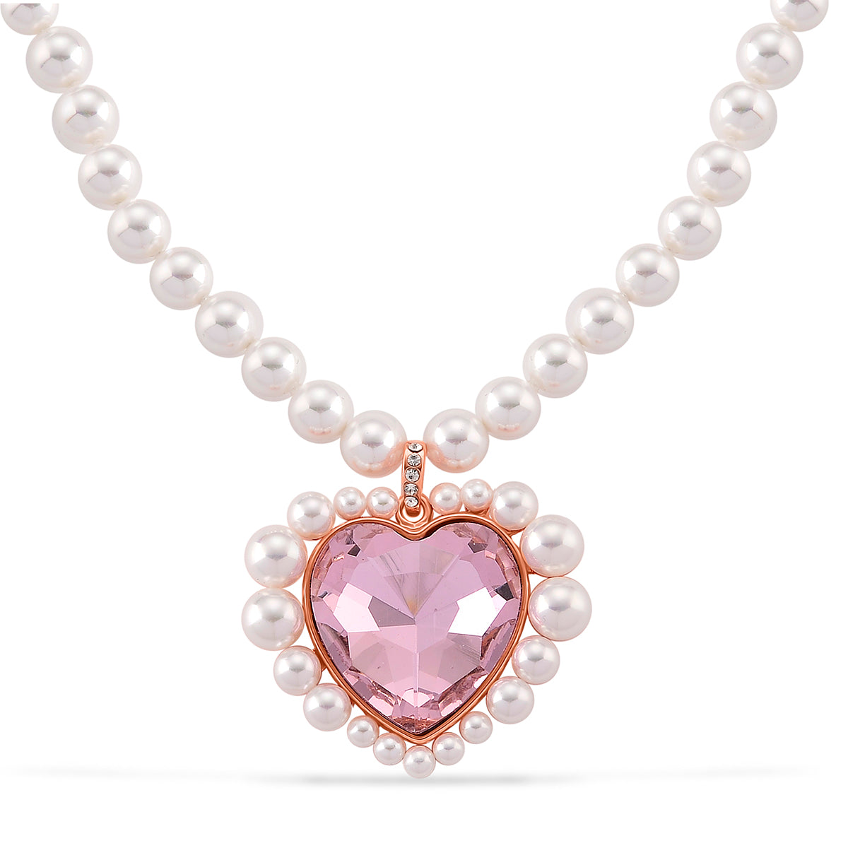 Pink Glass, White Crystal &amp; White Shell Pearl Heart Necklace (Size - 20+2 Ext) in Rose Tone V32513395 0