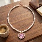 Pink Glass, White Crystal & White Shell Pearl Heart Necklace (Size - 20+2 Ext) in Rose Tone_8579381_1